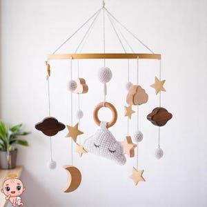 Handmade Baby Mobile with Moon, Stars and Clouds | Wooden Nursery Decor | Cotton Cloud Center | Baby Shower or Newborn Gift