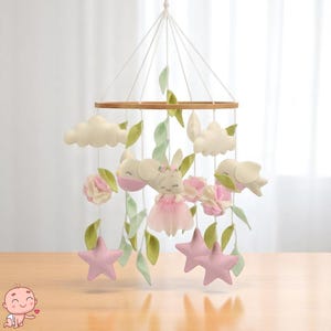 Baby Mobile for Crib – Handmade Nursery Mobile with Bunny, Stars, Clouds and Flowers – Soft Pastel Decor for Baby Girl or Boy Room
