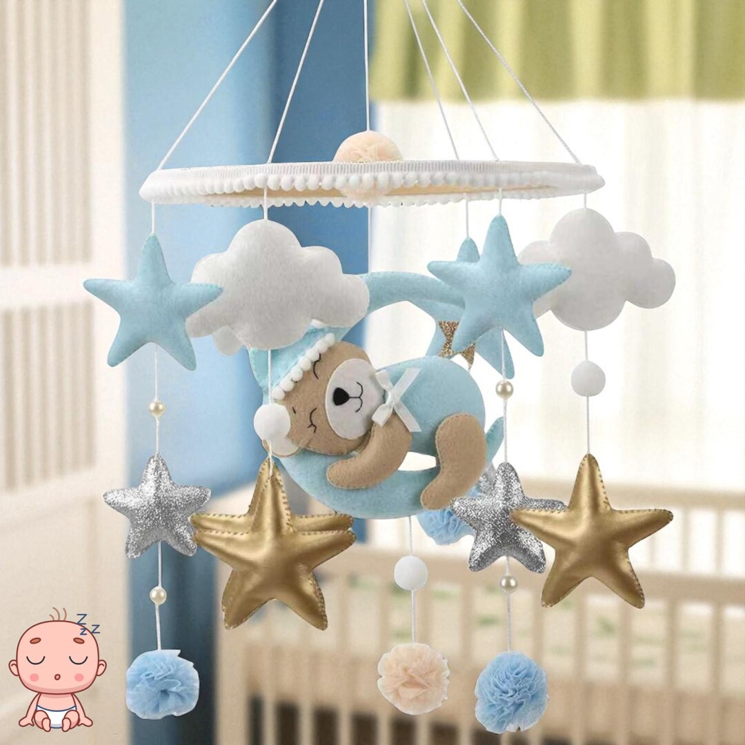Blue Teddy Bear Baby Mobile – Handmade Felt Crib Mobile With Stars ...