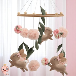 Bunny Mobile for Baby – Crib Mobile with Tulle Pompoms –  Nursery Mobile – Woodland Boho Baby Mobile – Handmade Decor
