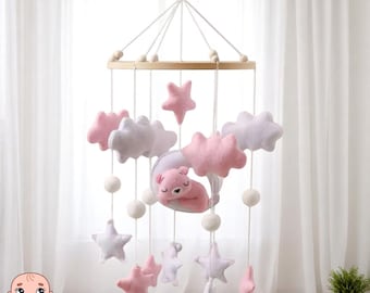 Handmade Baby Mobile Pink Bear – Felt Crib Mobile with Clouds and Stars | Nursery Decor |  Baby Shower Gift