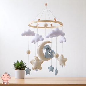 Handmade Felt Baby Mobile – Bunny Mom and Baby on Moon – Neutral Crib Mobile for Boys & Girls – Nursery Decor – Newborn Shower Gift