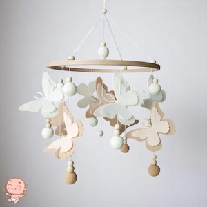Butterflies Baby Mobile Neutral – Boho Crib Mobile with Pom Poms and Wood Beads Felt Nursery Decor for Girl and boy – Hanging Cot Toy