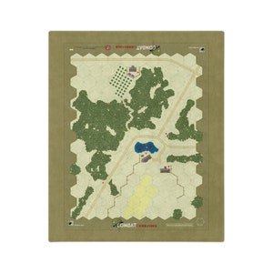 May include: A beige and green hexagonal game board with a light brown background. The board features a small pond, trees, and houses. The text "COMBAT COMMANDER" is printed in red at the top of the board.