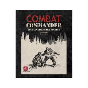 May include: A board game box with the title "Combat Commander" in red and white text. The box features a black and white illustration of two soldiers in a forest setting. The text "20th Anniversary Edition" is also displayed.