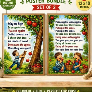 Op de afbeelding: Een set van twee 30,48 x 45,72 cm kinderrijmposters. Eén poster toont een jongen die een appelboom schudt, de andere toont twee kinderen die appels eten. De posters hebben kleurrijke illustraties en tekst.