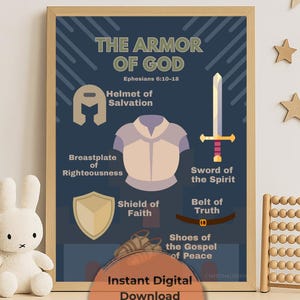 Armor of God Wall Art Poster | Christian Kids Room Decor | Ephesians 6 Bible Verse Printable | 11x14 Scripture Print | Religious Nursery
