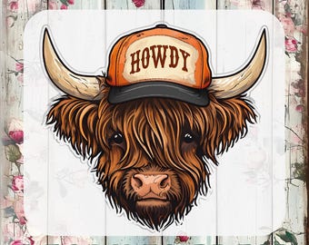 Howdy Highland Cow DTF Transfer, Western Trucker Hat Iron On