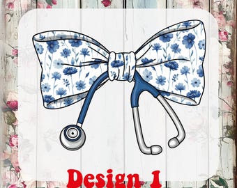 Blue Nurse Coquette Bow Stethoscope Ready To Press, Colorful Coquette Nurse Heat Transfer, Nurse Toile Bow Iron On Transfer, Nurse Dtf