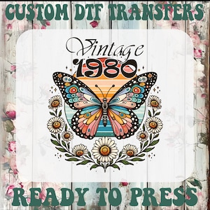 Transfert DTF papillon vintage des années 1980 : thermocollant floral bohème rétro