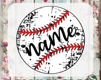 May include: A circular baseball graphic with a distressed black texture, red stitching, and the word name in black script across the center. The text CUSTOM DTF TRANSFERS READY TO PRESS appears in dark green at the top and bottom of the image.
