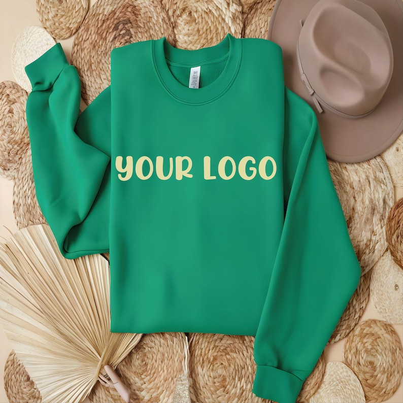May include: A bright green sweatshirt with the text "YOUR LOGO" printed in a light yellow color on the front.