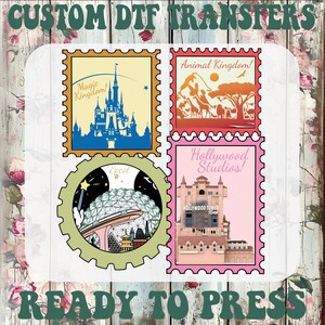 May include: Four custom DTF transfers featuring designs of Magic Kingdom, Animal Kingdom, Epcot, and Hollywood Studios. The stamps are rectangular and circular with serrated edges, displaying iconic park landmarks in blue, orange, and pink.