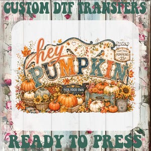 May include: A custom DTF transfer sheet featuring the text 'hey PUMPKIN' and 'FARM FRESH PUMPKINS 25¢' with illustrations of pumpkins, sunflowers, and birds. The design includes a 'PICK YOUR OWN' sign and a rustic wooden crate on a white background.