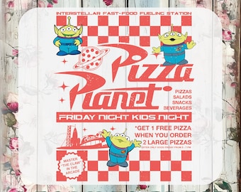 May include: A custom DTF transfer featuring a red and white chequered background with three green three-eyed aliens. The text reads Pizza Planet, Interstellar Fast-Food Fueling Station, Friday Night Kids Night, and details about a free pizza offer.