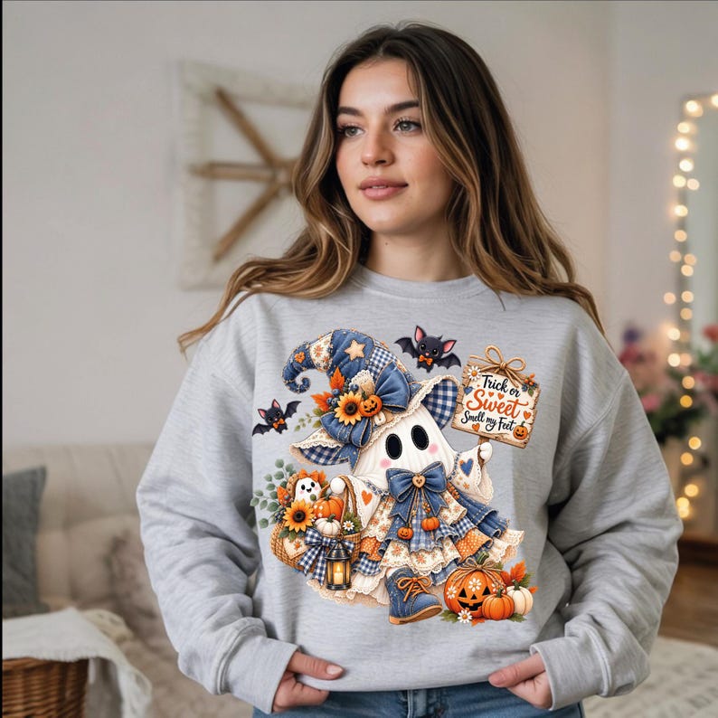 May include: A light gray crewneck sweatshirt featuring a graphic of a ghost wearing a blue plaid witch hat and dress, holding a sign that reads Trick or Sweet Smell my Feet. The design includes sunflowers, pumpkins, bats, and a lantern.