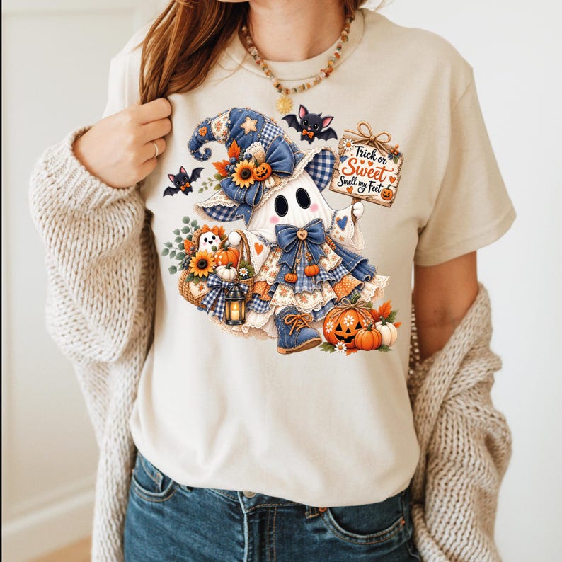 May include: A beige t-shirt featuring a graphic of a ghost wearing a blue plaid hat and dress, holding a sign that reads Trick or Sweet Smell my Feet. The design includes sunflowers, pumpkins, bats, and a lantern, all in a colorful illustration.