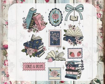 May include: DTF transfer sheet featuring various book illustrations with floral and bow accents. Designs include stacks of books, open books, and postage stamp-style images with flowers and strawberries. The text "STORIES & DREAMS" is also included.