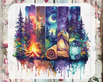 Könnte beinhalten: Ein individueller DTF-Transferbogen mit einer lebendigen Camping-Szene im Aquarellstil, bestehend aus einem Lagerfeuer, einem Zelt, einem Schlafsack und einer Laterne unter einem Sternenhimmel mit Mondsichel. Der Text lautet CUSTOM DTF TRANSFERS READY TO PRESS.