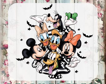 May include: A custom DTF transfer featuring a group of cartoon characters wearing black skeleton costumes with white bone details. The characters include Mickey, Minnie, Donald, Daisy, Goofy, and Pluto, surrounded by black bats and stars.