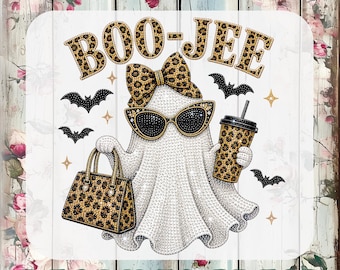 Transferencia DTF Boo-Jee Leopard Ghost, Fantasma de diamantes de imitación listo para usar