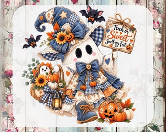 May include: A custom DTF transfer featuring a ghost wearing a blue plaid witch hat and dress, holding a sign that reads Trick or Sweet Smell my Feet. The design includes two bats, a basket with a small ghost, sunflowers, and orange pumpkins.