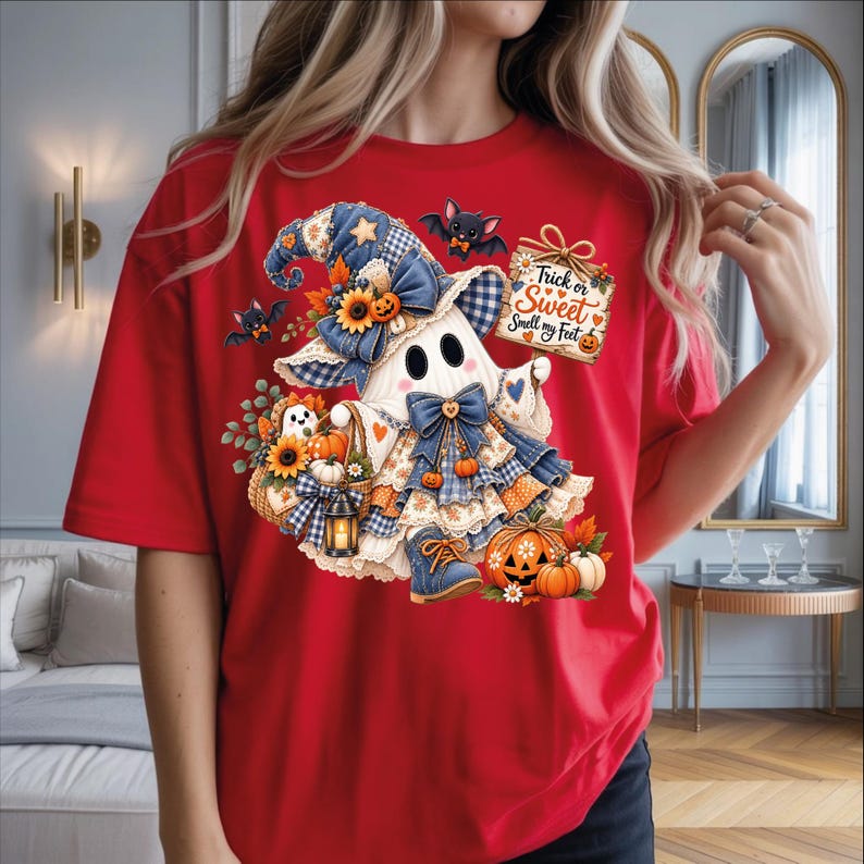 May include: A red t-shirt featuring a graphic of a ghost wearing a blue plaid hat and dress, holding a sign that reads Trick or Sweet Smell my Feet. The design includes pumpkins, sunflowers, a lantern, and small bats on a light background.