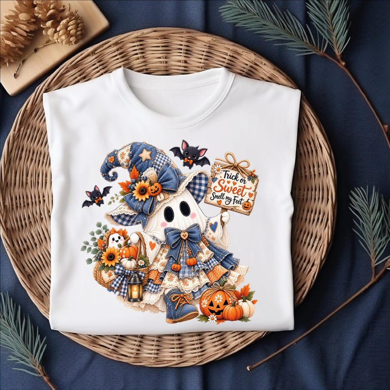 May include: A white t-shirt featuring a graphic of a ghost wearing a blue plaid hat and bow, holding a sign that reads Trick or Sweet Smell my feet. The design includes sunflowers, pumpkins, bats, and a lantern, with a small ghost in a basket.