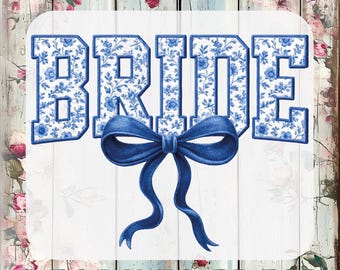 Bride Floral Toile Blue Dtf Transfer, Bridal Party Shirt Design