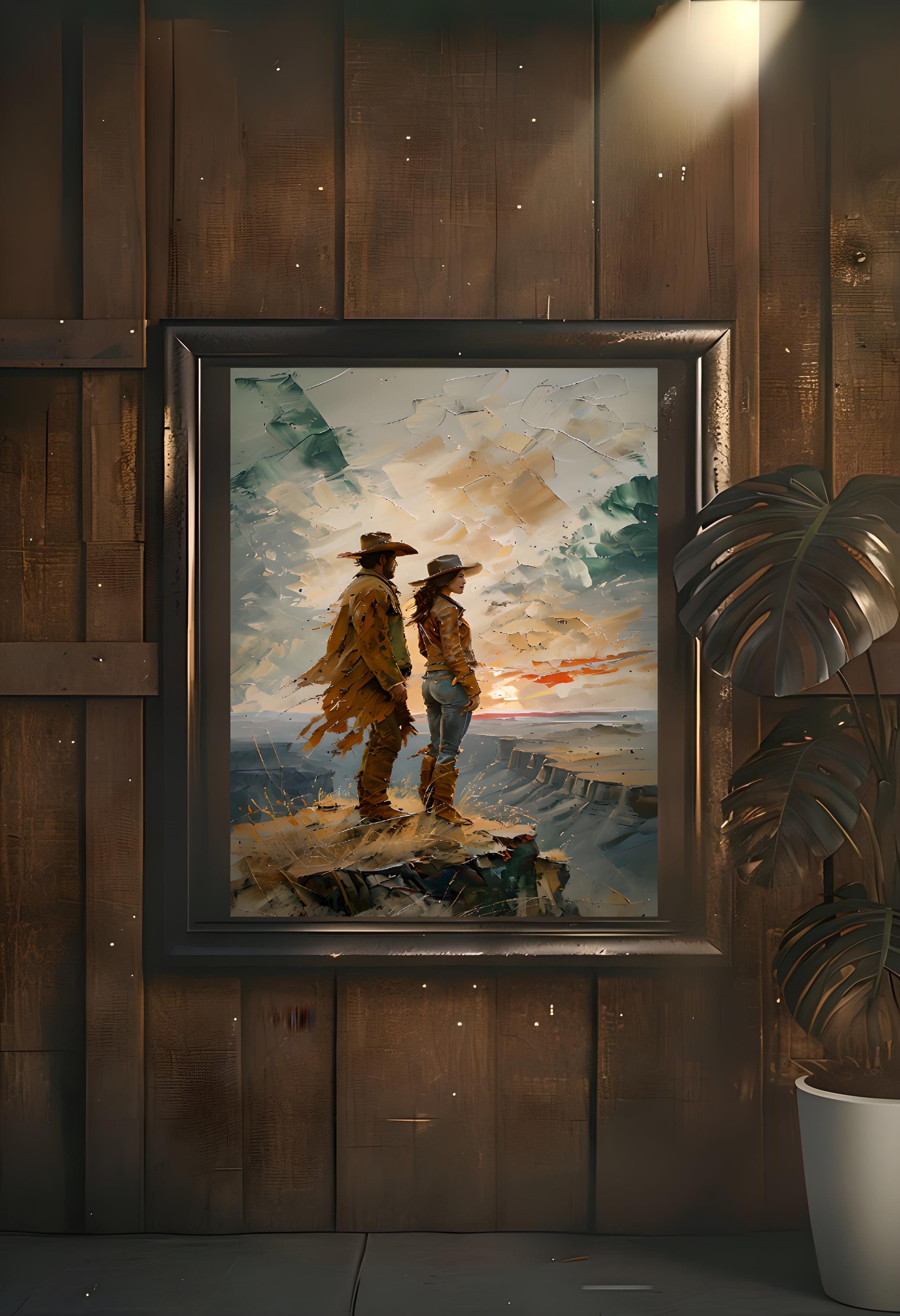Romantic Cowboy and Cowgirl Print, Sunset Scene Art, Digital Wall Art