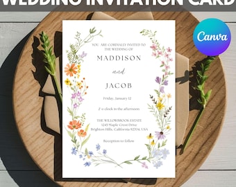 Invitación de boda floral editable, invitación para fiesta en jardín con flores silvestres, conjunto botánico editable, boda boho verde, plantilla digital para Canva