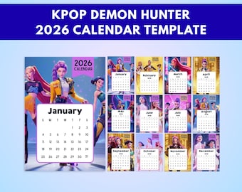 Calendrier 2026 KPOP Demon Hunter, calendrier mural anime imprimable, esthétique Huntrix Idol, papeterie coréenne, téléchargement numérique PDF