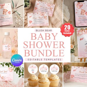 Bear Baby Shower Bundle, 20 Editable Template Bear Pink Balloons Baby Shower Invitation Bundle Bearly Wait Baby Games and Signs for Girls