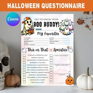 Boo Buddy Questionnaire, Halloween Gift Exchange Survey, My Favorite Things Game, Work Team Gift Swap Activity, Digital Printable