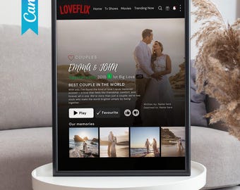 Plantilla de collage de fotos LoveFlix editable, regalo personalizado para pareja, arte mural personalizado en Canva, descarga digital romántica, marco de aniversario