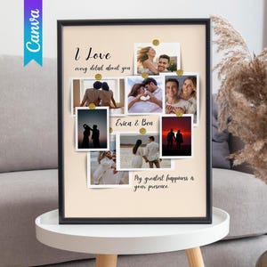 May include: A framed photo collage with multiple photos of couples, held in place by gold push pins. The text "I Love every detail about you", "Erica & Ben", and "My greatest happiness is your presence" are also displayed.