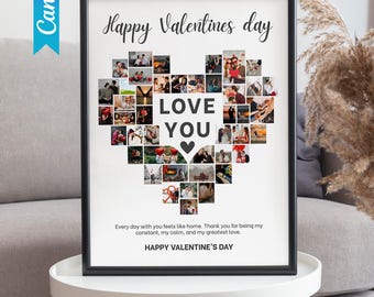 Modelo editável de colagem de fotos em formato de coração no Canva, presente personalizado de Dia dos Namorados para casais, impressão de fotos "Eu te amo", arte romântica para parede de aniversário.
