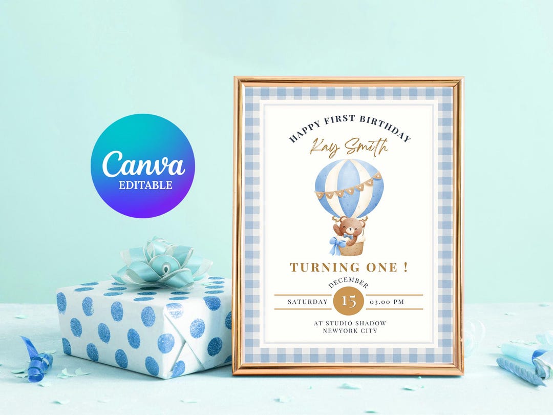 Editable Boy Birthday Welcome Sign | Blue Gingham First Birthday Board ...