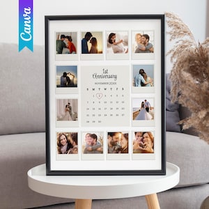 Peut inclure: Un collage photo encadré célébrant un 1er anniversaire. Le cadre noir contient douze petites photos d'un couple, un calendrier avec un cœur sur une date et le texte "1st Anniversary November 20XX".