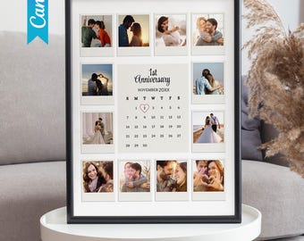 Editable 1 Year Anniversary Gift For Boyfriend, Custom Photo Collage Monthly Memories Calendar, Custom Photo Frame, 1st Anniversary Gift