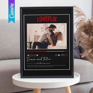Może przedstawiać: Czarny oprawiony wydruk z napisem "LOVEFLIX" w kolorze czerwonym. Wydruk przedstawia zdjęcie obejmującej się pary, z imionami "Simon i Talia" i tekstem "Together since 2015 1st Big Love" poniżej.