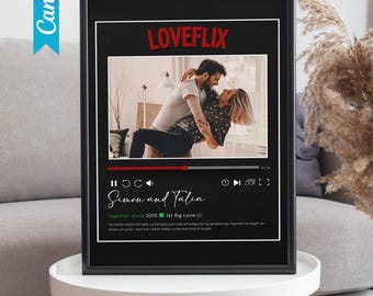 Editable LoveFlix Couple Photo Frame, Personalized Digital Gift Template, Custom Printable Canva Wall Art, Romantic Anniversary Download