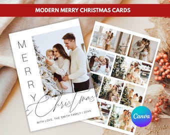 Editable Modern Christmas Photo Card, Custom Family Holiday Collage Template, Canva Xmas Card, Printable Holiday Photo Card 2025