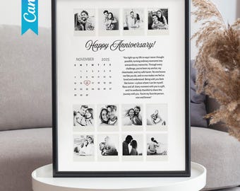 Editable Anniversary Photo Calendar Gift, Couple Collage Poster, Calendar with Photos, Canva Template, Digital Love Print, Gift for Him