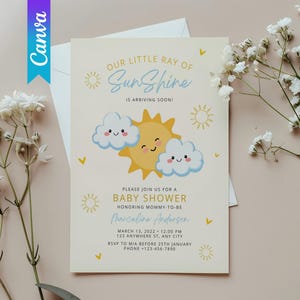 Convite de aniversário Sunshine, convite para 1º aniversário de menina, convite Sunshine, convite para 1º aniversário Sunshine, modelo de convite Canva