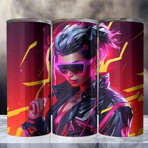 May include: Three cylindrical tumblers with a vibrant, futuristic design. Each tumbler features a woman with pink-tinted glasses and a black jacket against a red and yellow background. The artwork has a neon, cyberpunk aesthetic.