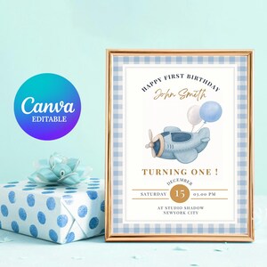 Bearbeitbare Canva Plane Geburtstagseinladung | Blaues Flugzeug zum ersten Geburtstag für Jungen | Druckbare Reise Thema Party Dekor Vorlage