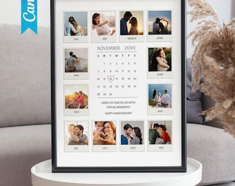 Bearbeitbarer Fotojubiläumskalender, Jahr der Erinnerungen Collage, individuelles Paargeschenk, Canva Timeline Vorlage, druckbare digitale Wandkunst