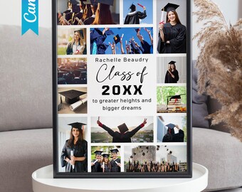 Abschluss-Fotocollage-Vorlage, bearbeitbare Abschlussfeier-Fotocollage, benutzerdefinierte Klasse von 2025 Memory Board, Grad Cap-Wandkunst