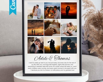 Editable Photo Collage Template, Personalized Picture Frame Gift for Her, Canva Printable Wall Art, Custom Romantic Photo Collage
